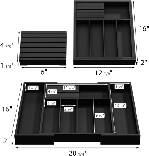 Vista 4 de Organizador de utensilios de cubiertos para cajón, organizador de cajones de cuchillos de bambú, organizador de cubiertos expandible en cajón, Negro