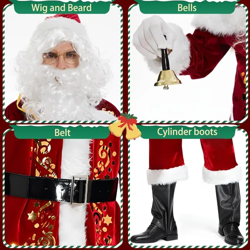 Vista 6 de Neragron Santa Claus Costume for Men, 15pcs Deluxe Christmas Adult Santa Costume Set Santa Claus Suit Adult Men Santa Outfit