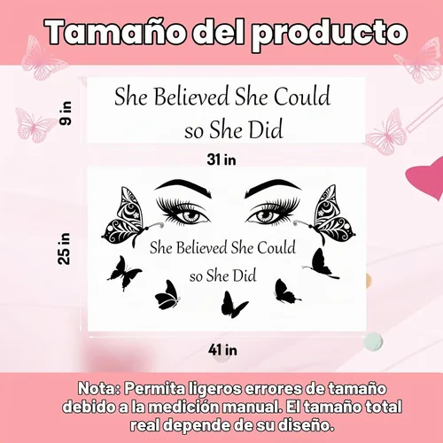 Vista 3 de Calcomanía inspiradora de pared con citas de pestañas, ojos de pared, calcomanías motivacionales de letras de palabras con texto en inglés "She