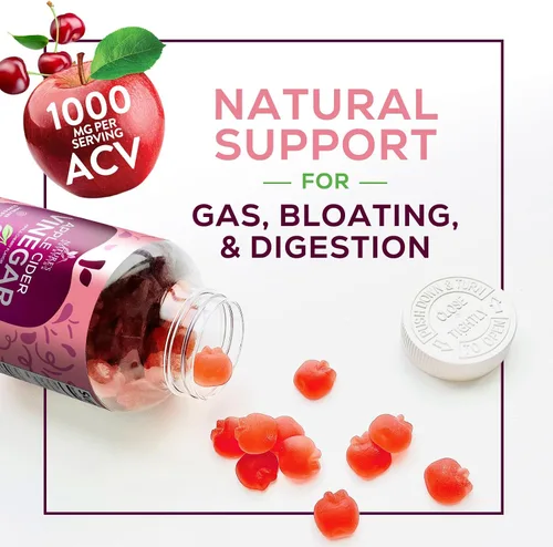 Vista 7 de Gomitas de vinagre de sidra de manzana, 1000 mg por porción, suplemento de vitaminas ACV sin azúcar, vitamina B12 y B6 para energía, soporte