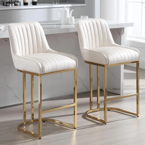 Vista 10 de Shunzhi Juego de 2 taburetes de bar de terciopelo beige de 26 pulgadas, modernos taburetes de mostrador con respaldo/patas doradas, sillas de bar