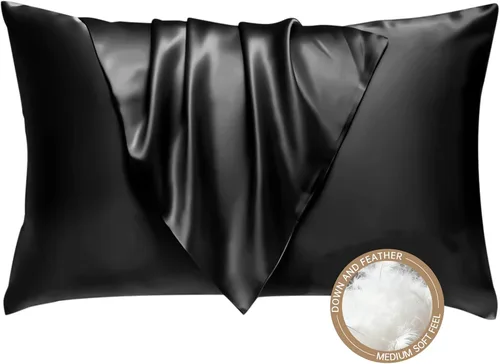 Vista 12 de BHZ Almohada estándar de plumas de ganso con funda de almohada de satén, almohada de cama de lujo de la colección de hotel para dormir, soporte