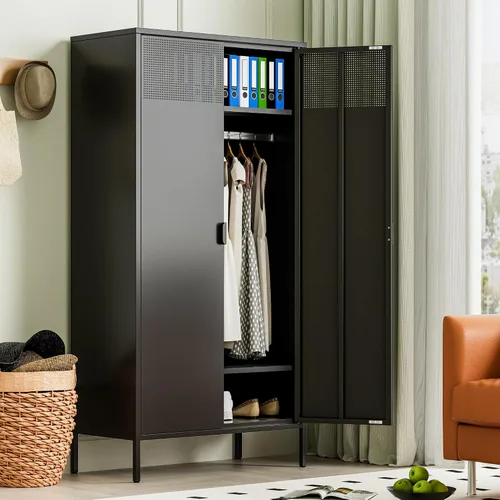 Vista 88 de Gabinete de almacenamiento de metal ancho negro, gabinete de acento de 2 puertas para el hogar y la oficina, gabinete de metal bajo de 2 niveles