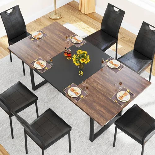 Vista 7 de Mesa de comedor grande de 70 pulgadas para 4, 5, 6 personas, mesa de comedor de cocina de granja con mesa de madera marrón, mesas de comedor
