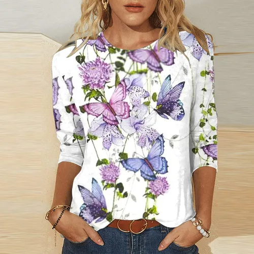 Vista 2 de amidoa Blusas de manga 34 para mujer, camisas casuales de verano con estampado floral, tallas grandes, trajes de teñido anudado, camiseta