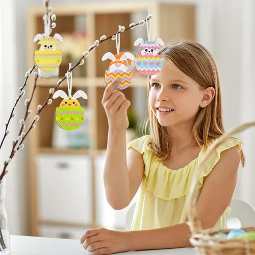 Vista 6 de Qunclay 40 piezas de adornos de Pascua, huevos de Pascua, huevos de Pascua, letreros colgantes para árbol, conejo, rebanadas de madera, recortes