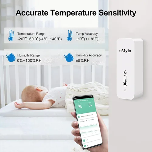 Vista 3 de eMylo WiFi Temperature Humidity Sensor, Wireless Indoor Thermometer Hygrometer with App Alert, Free Data Storage Export, Smart Temperature Humidity