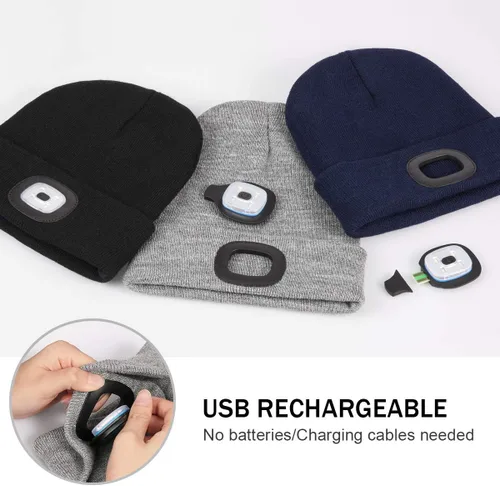 Vista 2 de Gorro LED con Luz, Gorro con Linterna de 4 LED Unisex Recargable por USB, Manos Libres, Gorro de Invierno de punto con Luz Nocturna, Linterna
