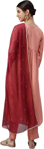 Vista 6 de Janasya Indian Peach Poly Silk Kurta sólido con pantalón y Dupatta para mujer