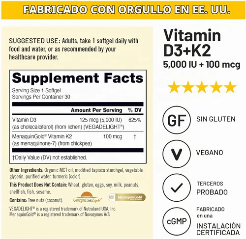 Vista 6 de NatureWise Vitamina vegana D3 + K2 con aceite orgánico de coco MCT – D3 orgánico 5000IU + K2 natural 100mcg – Soporte óseo de alta absorción – Sin
