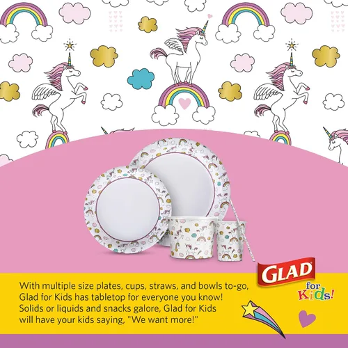 Vista 6 de Glad para Niños Platos de Papel Desechables Redondos con Temática de Unicornio - Resistentes, A Prueba de Absorción, Platos Aptos para Microondas