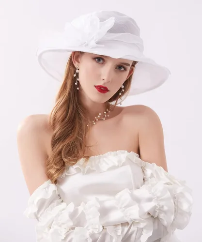 Vista 2 de TLMNU Tocado de organza para mujer, de ala ancha, para iglesia, boda, fiesta de té, boda