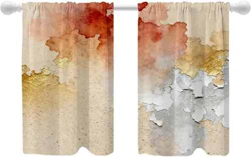 Vista 41 de Shrahala Beige and Orange Abstract Art Brushstrokes Blackout Curtain Tiers, Abstract Oil Paint Kitchen Valance Light Blocking Tier Drapes with Rod