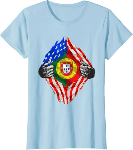 Vista 23 de Camiseta de bandera de Estados Unidos con diseño de raíces portuguesas, Negro, S