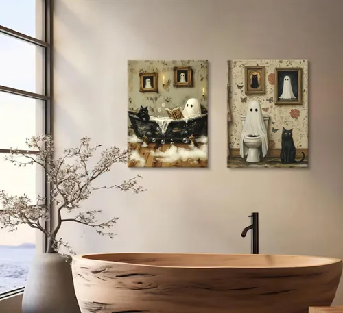 Vista 5 de 2 piezas divertidas de fantasmas para baño, arte de pared de fantasma espeluznante en el inodoro, decoración de pared de espectro gótico y lindo