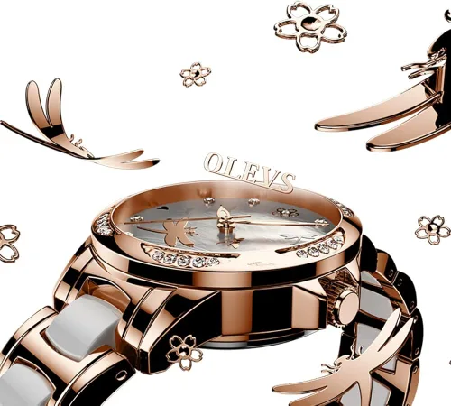 Vista 8 de OLEVS Relojes de oro rosa para mujer correa de acero inoxidable de cerámica reloj mecánico automático calendario de puntero luminoso impermeable