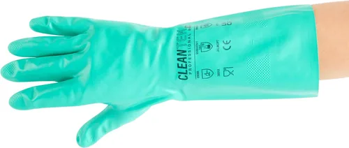 Vista 11 de Restaurantware Guantes de limpieza verdes, 10 pares de guantes de nitrilo de 15 mil de grosor, pequeños y resistentes con puño largo, forro