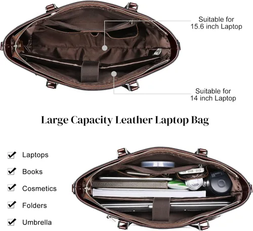 Vista 3 de S-ZONE Bolso de mano de cuero genuino para mujer, maletín vintage, bolso de trabajo, bolso grande de 15.6 pulgadas, L