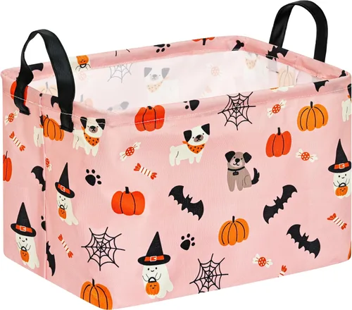 Vista 15 de Cesta de almacenamiento de Halloween, diseño de tela plegable con diseño de araña, murciélago y calabaza, con asas de cuero, organizador de estante