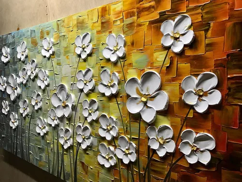 Vista 3 de V-inspire Arte, 24x48 Pulgadas Pinturas Blanco Margarita Flor Pintura Al óleo 3D Pintado a Mano Sobre Lienzo Arte Abstracto Arte Madera Dentro