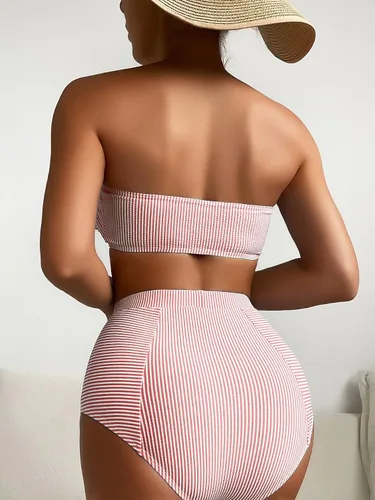 Vista 2 de Floerns Conjunto de bikini de 2 piezas con estampado de rayas de cintura alta y ribete con volantes para mujer