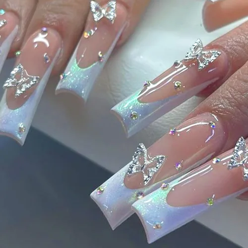 Vista 27 de Uñas postizas a presión de almendra, uñas postizas medianas con diseños de estampado francés de lámina dorada 3D, pegamento dorado Starlight en uñas