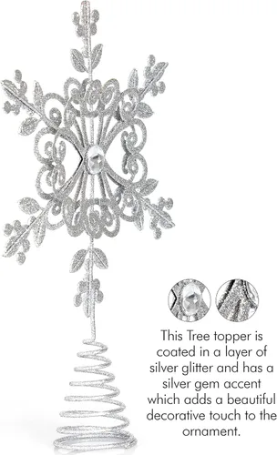 Vista 2 de Ornativity - Copa de árbol con diseño de copos de nieve florales con brillantina plateada – Adorno de Navidad con detalle de gemas brillantes
