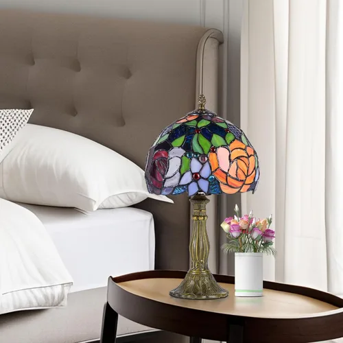 Vista 8 de Tiffany Style Lamp Rose Flower Lámpara de mesa de vidrieras rosa roja 8 x 8 x 14 pulgadas lámpara de escritorio de oficina en casa luces decorar
