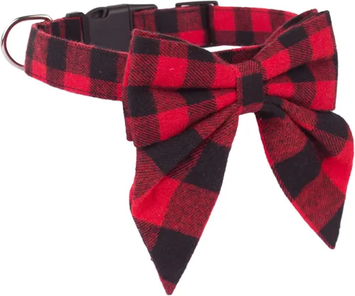Vista 4 de ADOGGYGO Collar de Navidad para perro con lazo, ajustable de algodón rojo a cuadros, collares de Navidad para perros pequeños, medianos y grandes