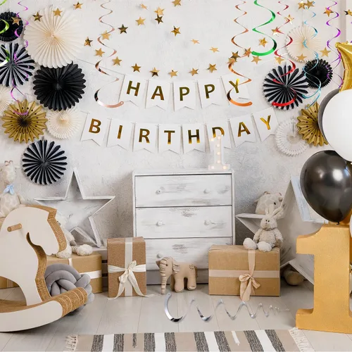 Vista 7 de MECCANIXITY 30 piezas negras colgantes de doble tira para colgar decoraciones de techo de plástico para fiestas de cumpleaños con gancho