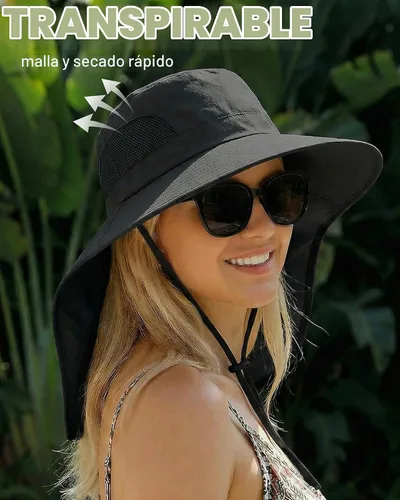 Vista 5 de Sombreros de sol para mujer, protección UV, ala ancha con agujero Negro