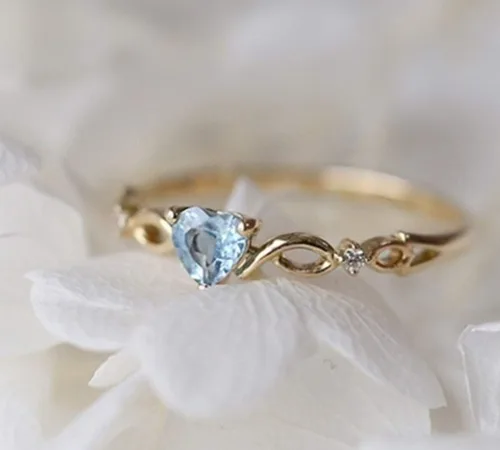 Vista 2 de 14k Gold Sea Blue Topaz Love Heart CZ Diamond Ring Women Anniversary Engagement Wedding Gemstone Ring