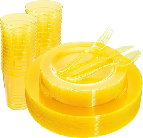 Vista 9 de WDF 25 platos azules para invitados con cubiertos desechables y vasos azules, vajilla de plástico transparente neón incluye 25 platos de cena