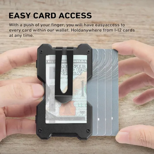 Vista 5 de Cartera táctica para hombre, cartera de metal delgada y minimalista de fibra de carbono, clip de dinero de acero inoxidable, bloqueo RFID, tarjetero