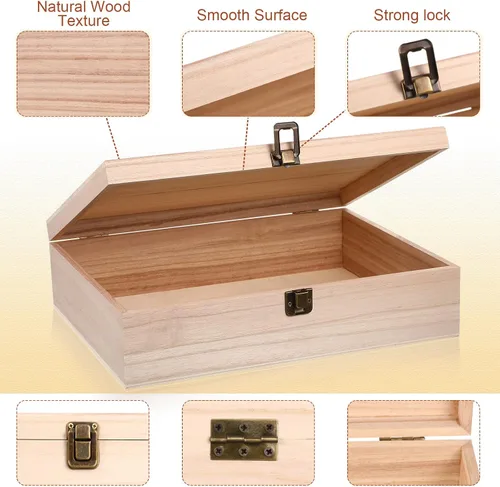 Vista 4 de Yookeer 4 cajas de madera sin terminar con tapa con bisagras y cierre frontal, caja de almacenamiento de madera rectangular de madera natural