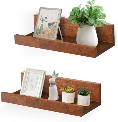 Vista 30 de Muzilife Estantes Flotantes de Pared Pequeños de 12" con Borde - Juego de 2 Estantes Flotantes de Madera - Repisa Negra Montada en Pared