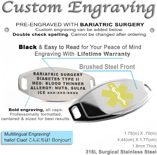 Vista 2 de My Identity Doctor - Pulsera médica de cirugía bariátrica pregrabada y personalizada color amarillo