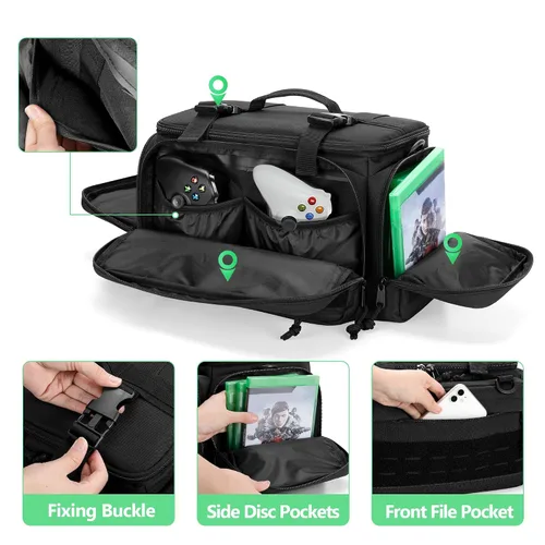 Vista 2 de Tactical Console Carrying Case Compatible with Xbox Series XS, Protective Travel Bag with Multiple Pockets for Controllers, Discs, Cables and Other