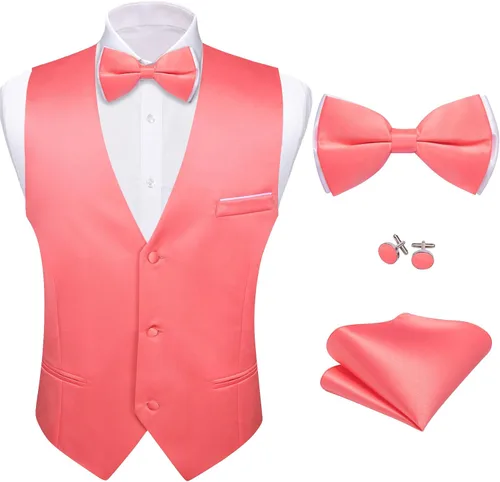 Vista 24 de Barry.Wang Chaleco de traje para hombre, conjunto de corbatín, chaleco A-02-rosa claro