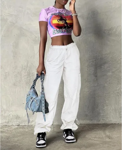 Vista 6 de Pantalones cargo para mujer, de cintura alta, holgados, Y2K, cintura ajustable, pantalones de paracaídas, casuales, holgados, con bolsillos