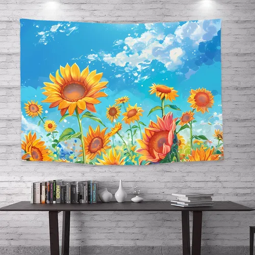 Vista 9 de WODEJIAFANG Tapiz estético de tela para pared, tapiz decorativo de girasol, fondo de oficina, divisor de habitación para dormitorio, jardín al aire