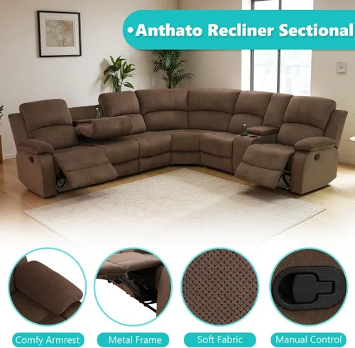 Vista 6 de Juego de sofá seccional reclinable manual, juegos de muebles de sala de estar, sofá seccional en forma de L y 2 sillas, cómodo sofá reclinable