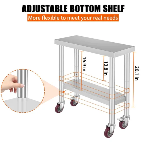 Vista 6 de TECSPACE Clearance Mesa de trabajo de acero inoxidable con ruedas de 30 x 12 pulgadas, mesa de trabajo comercial resistente con estante inferior