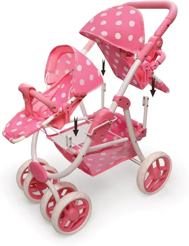 Vista 7 de Badger Basket Cochecito de muñeca doble reversible con lunares para muñecas de 16 pulgadas - rosa/lunares con asientos extraíbles