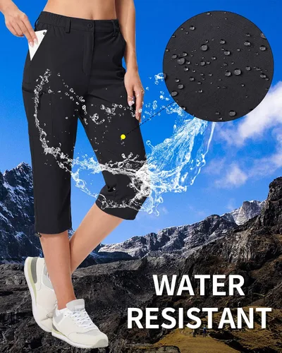 Vista 5 de MAGCOMSEN - Pantalones de senderismo para mujer, tipo capri y cargo, ligeros, elásticos, resistentes al agua, con 5 bolsillos para exterior