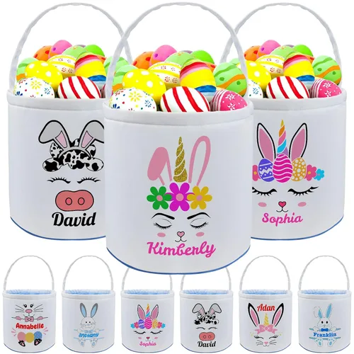 Vista 8 de Cesta de Pascua personalizada con nombre para niños, lona personalizada, cubo de Pascua, regalo para niños y niñas