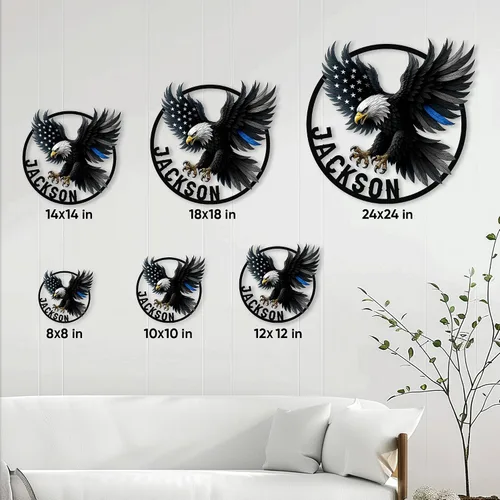Vista 4 de Letrero de metal personalizado de policía, línea azul fina, bandera estadounidense, águila, letrero colgante de bienvenida al aire libre, porche al