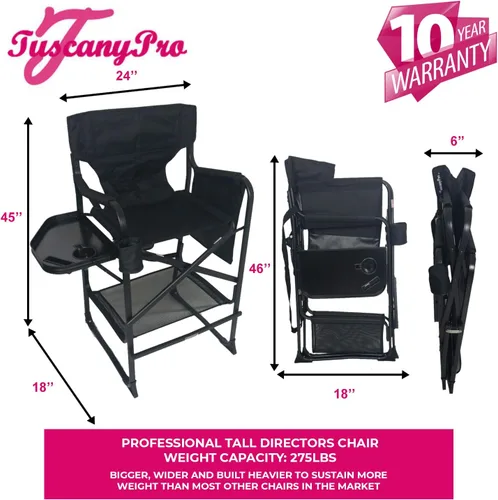 Vista 2 de Silla de directores alta profesional portátil con bandeja lateral, nombre personalizado/logotipo impreso, altura del asiento de 29 pulgadas
