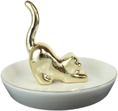 Vista 3 de Ebros - Figura de cerámica chapada en oro para anillo y joyero de porcelana de hueso y soporte para joyería, 4.5 pulgadas de alto, felino curiosidad