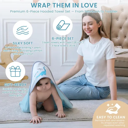 Vista 4 de Softan Juego de 6 toallas y paños con capucha para bebé, 28 x 28 pulgadas, ultra suaves y absorbentes, para recién nacidos, niños y niñas